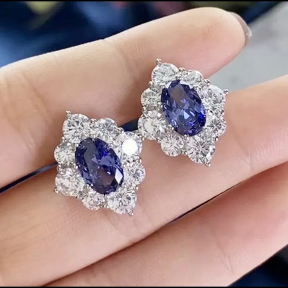 Huitan Jewelry - Blue Sapphire Diamond Cubic Zirconia Silver Stud Earrings